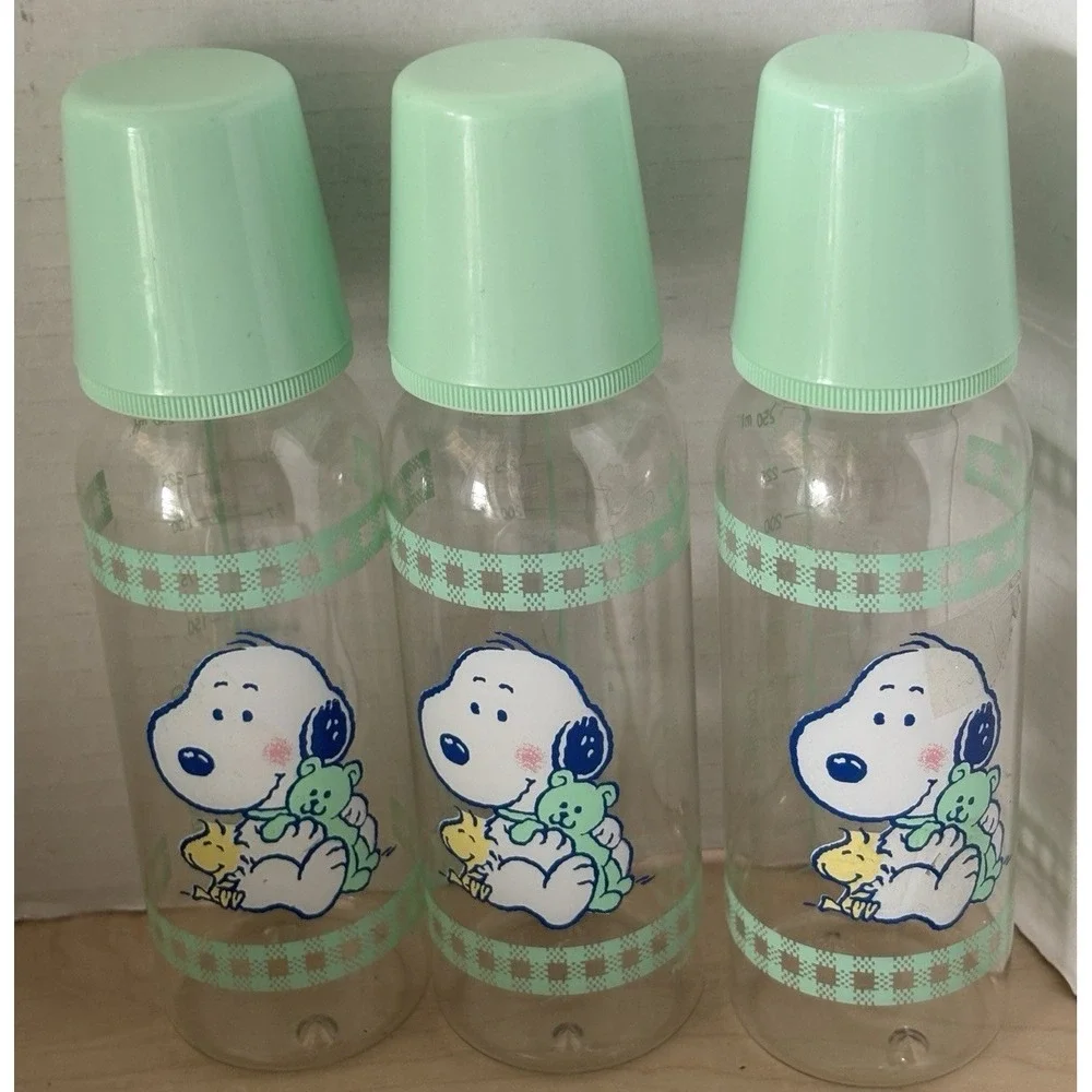Vtg Baby Snoopy Diaper Bag Changer Bottles Bib Rattle Unused Green Thailand UFS